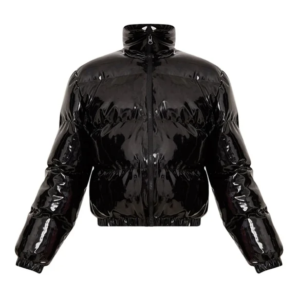 PRETTYLITTLETHING Black Cropped Vinyl Puffer Jacket - Picture 3 of 3